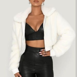 Meshki faux fur white bomber jacket